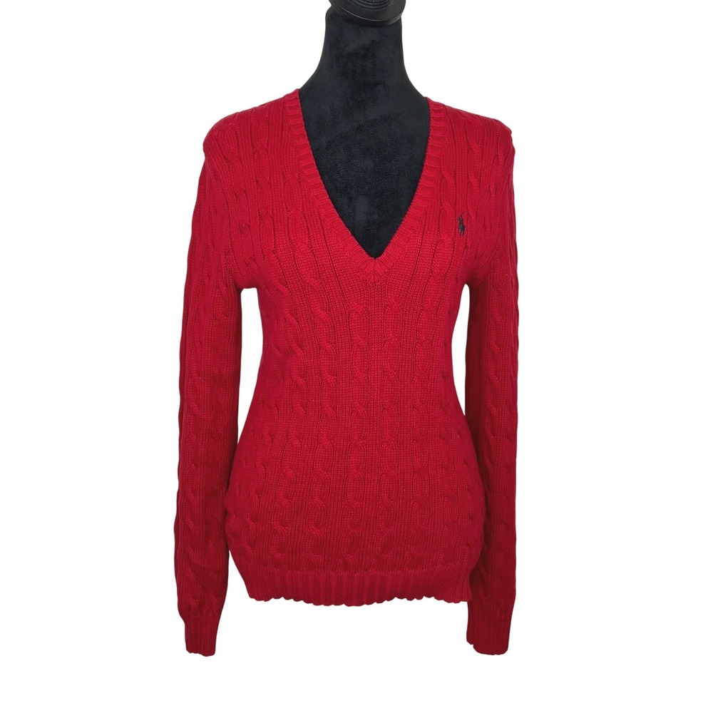 Ralph‎ Lauren Sport Vintage V-neck Cable Knit Sweater Red Women's Medium Preppy